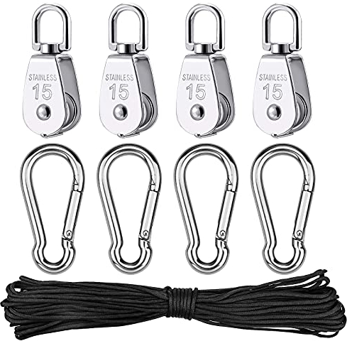 4 Pcs Schalen Riemenscheibe Roller, Flaschenzugrolle Set, Umlenkrolle für Seile, mit M6 Karabinerhaken und Schnur, für Sonnensegel Hängematten Boxsack Camping Angeln Wandern
