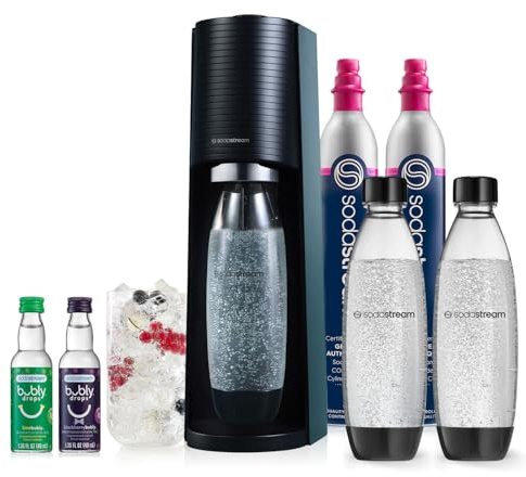 SodaStream - Terra Sparkling Water Maker | VALUE BUNDLE | CQC CO2 system | Includes 2x CO2 Cylinders, 3x 32 Fl Oz Dishwasher Safe Bottles, 2x Bubly Flavor Drops | Combine with Pepsi Flavors | Black