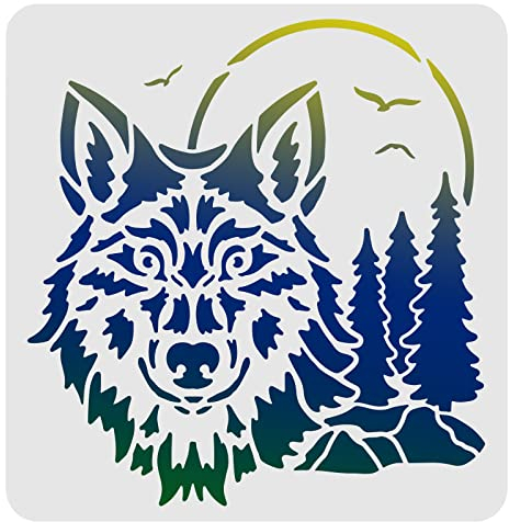FINGERINSPIRE Wolf Schablonen Vorlage 30x30cm Kunststoff Wald Berg Mond Zeichnung Malschablonen Quadratische Wiederverwendbare Schablonen zum Malen auf Holz, Boden, Wand und Fliesen