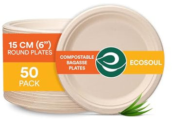 ECO SOUL 100% Compostable 15cm (6) Inch Paper Plates [50-Pack] Disposable Bulk Party Plates I Heavy Duty Eco-Friendly Sturdy Dinner, Wedding, Event I Unbleached Sugarcane Eco