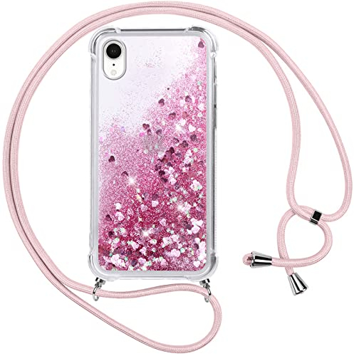 Vauki Handykette für iPhone XR Hülle mit Band,Silikon Durchsichtig Transparent Flüssig Glitzer mit Kette Kordel Bumper Treibsand Necklace TPU Schutzhülle Case für iPhone XR,Rosa