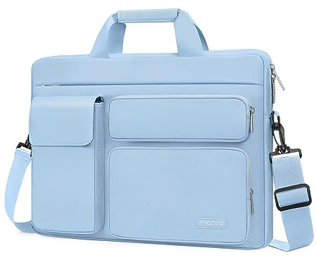 MOSISO Bolso Bandolera Portátil, 15-15,6 Pulgadas Maletín, Compatible con MacBook Air 15 M4 M3 M2/Pro 16 Pulgadas con 2 Bolsillos Elevados&1 Solapa&1 Bolsillo Horizontal&Asa&Cinturón,Airy Azul