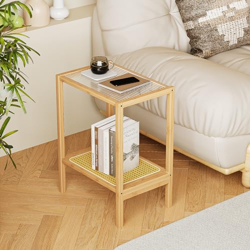 Bamworld Beistelltisch Natur Rattan Nachttisch Glas Beistelltisch 2-stöckig mit Stauraum Boho Nachttisch für kleine Räume Bambus Couchtisch für Schlafzimmer Wohnzimmer