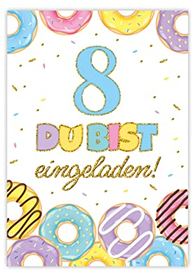 Minkocards 12 Einladungskarten zum achten Kindergeburtstag 8. Geburtstag Mädchen Donuts Einladungen zum Geburtstag Kinder bunte Geburtstagseinladungen