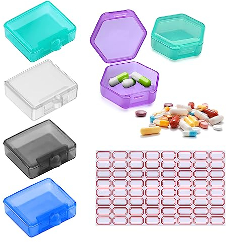 4 quadratische Mini-Pillendosen, 2 sechseckige Pillendosen, 1 Etikettenaufkleber, wasserdicht und feuchtigkeitsbeständig, tragbare Pillendose für Reisen, Geschäftsreisen, Sport (5 Farben)