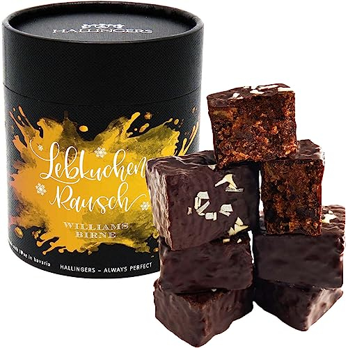 Hallingers Lebkuchenrausch Williams-Birne - 6 saftige Lebkuchen-Würfel in der edlen Papierdose (Dose) - Geschenk im Sommer & als perfektes Grillgeschenk | Danke Silvester Neues Zuhause Genesung