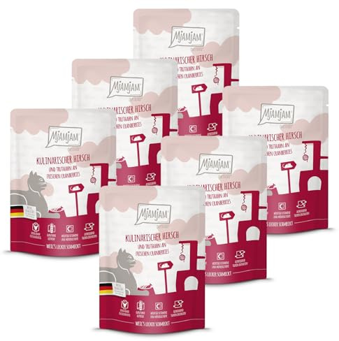 MjAMjAM - Premium Nassfutter für Katzen - Quetschie kulinarischer Hirsch und Truthahn an frischen Cranberries 300g, 6er Pack (6 x 300g), naturbelassen mit extra viel Fleisch