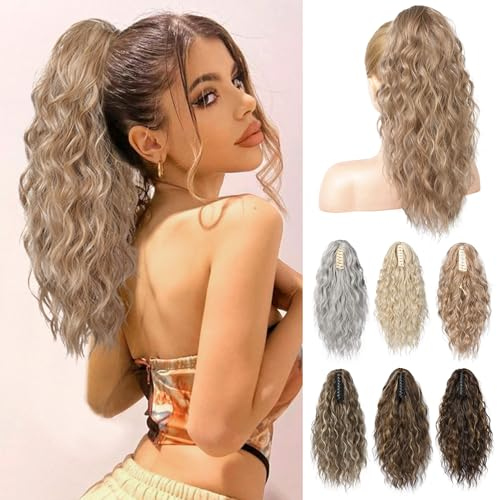 BRIKABIA Blonde Ponytail Extension Pferdeschwanzverlängerung Haarteil mit Klammer, Lange, Gewellte, Lockige Pferdeschwanz Haarteil Clip in Haarverlängerung für Frauen, 40cm, Dunkelblond