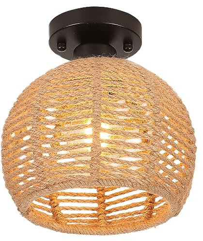 LIGKIN Deckenleuchte Vintage Boho Rattan Lampe Hängelampe E27 Geflochten Lampenschirm Deckenlampe, Ø20CM Rustikal Industrielle Deckenleuchten für Schlafzimmer Kindergarten Flur Korridor