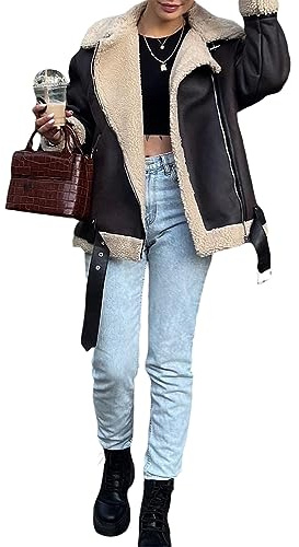 FeMereina Veste courte en cuir synthétique pour femme avec fermeture éclair et revers en fausse fourrure d'agneau
