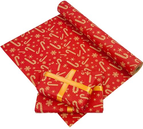 Rouleau de papier d'emballage cadeau de Noël 43cm×20m, papier d'emballage kraft imprimé avec bonbons étoiles et flocons de neige, rouleau de papier recyclable, adapté pour Noël, anniversaire