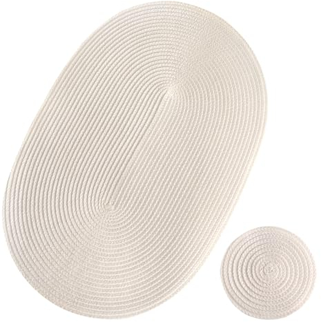 6 Set Platzhalter lieben Oval Kunststoff geflochten Beige 43cm Länge 28cm Breite Tischmatten Tassenuntersetzer Inclusive Weich Flach Einfaches Waschen