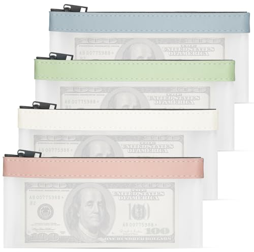 Lot de 4 sacs d'argent avec fermeture éclair, pochette d'argent, enveloppes d'argent, sac de banque, organisateur d'argent transparent, organisateur d'argent polyvalent, porte-monnaie