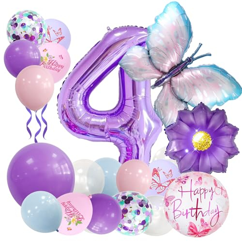 Afritee Schmetterling Ballon 4. Geburtstag MäDchen-Lila Geburtstagsdeko 4 Jahre Junge Luftballon 4. Geburtstag Geburtstagsdeko 4 Jahre MäDchen Schmetterling Sonnenblume Happy Birthday Ballons