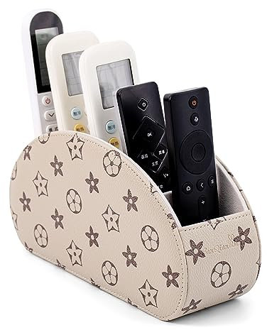 SANQIANWAN Fernbedienungshalter für Aufbewahrungsbox aus PU-Leder, Fernbedienungshalter mit 5 Fächern für TV-Receiver, DVD, Schreibtisch, Stift, Küche, Badezimmer, Make-up (beige Blume)
