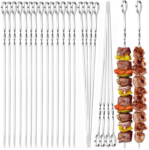 24 Stück Grillspieße Edelstahl, BetterJonny 40cm Schaschlikspieße Wiederverwendbare Grill Kabob Spieß Stöcke Fleischspieße Metallspieße für BBQ Fleisch Gemüse Stockbrot zum Grille