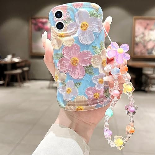 for iPhone 12 Mini Curly Wavy Case, Cute Colorful Retro Oil Painting Flower Glossy Pattern [with Bead Chain], Slim Fit Shockproof Protective Cover for Girls Women (Green)