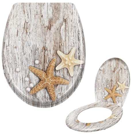 Suusolny WC Sitz Absenkautomatik Toilettendeckel mit Absenkautomatik，Softclose aus Duroplast und Edelstahl Toilettensitz in Universal Größe - Perlmutt Seestern