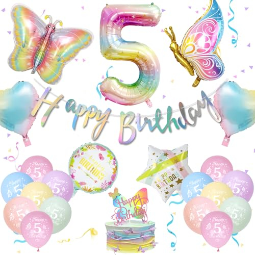 Deko 5. Geburtstag Mädchen, Schmetterling Deko mit Happy Birthday Girlande, Luftballon 5. Geburtstag, Ballons Pastell, Schmetterling Folienballon Tortendeko für 5 Jahr Party Deko