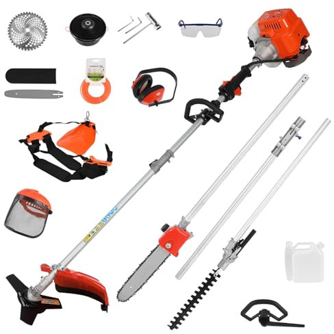 Shienfir 52cc 5 in 1 Petrol Multi Functional Garden Tool, 2-stroke Cordless Grass Lawn Mower, 52CC Petrol Strimmer Brush Cutter, Multi-Functional Petrol Weed Wacker Gas String Trimmer/Edger Orange