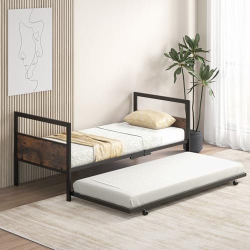 COSTWAY Tagesbett ausziehbar, Ausziehbett 90 x 200 cm, Gästebett mit Lattenrost, Kopf- & Fußteil, Einzelbett bis 220 kg belastbar, Bettsofa, Bettgestell für Schlafzimmer, Gästezimmer