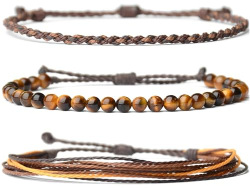 XSDSLS 3 Pièces Bracelet Bracelet Homme Bracelet Œil de Tigre Perles Naturelle Bracelet Perles Naturelle Bracelets en Tressée Corde Superposition Fait main Femmes Hommes