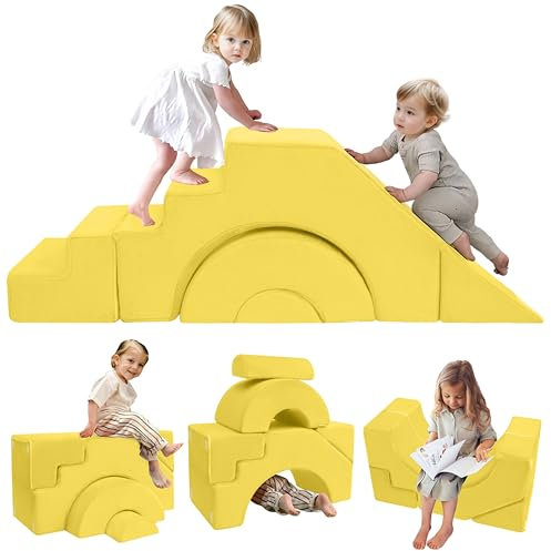 MeMoreCool Kindersofa Spielsofa, Modulares Schaumstoff Bausteine, Baby-Schlafsofa zum Klettern und Krabbeln, Softbausteine für Kinderzimmer oder Spielzimmer, Mini Sofa mit Rutsche und Treppe, Gelb