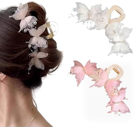 GlamRays 2 pinzas para el pelo de mariposa, bonitos clips para el pelo con diseño de joya de perlas, clip de garra grande y dulce, para cabello grueso o fino