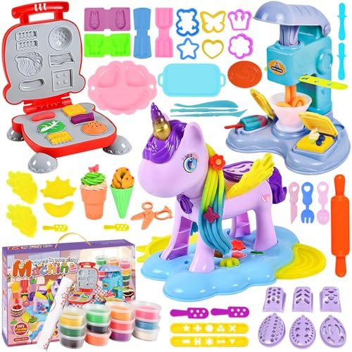 Snarflun 59 Stück Knete Set, Knete Zubehör Kitchen Creations, Einhorn Friseur Knete Dough Set,DIY-Spielknete Knete-Zubehör und 12 Gläser Knete,Spielzeug Geschenk Mädchen Junge 3+