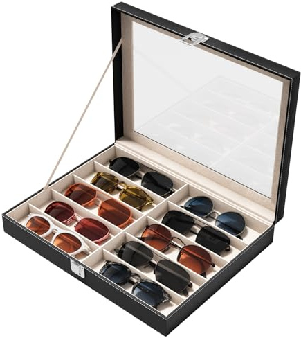 NEWLOOP Sunglass Organizer for Women Men - Multiple Pair of Sunglasses Storage Box Eye Glass Watch Leather Display Case with 10 Slots Black