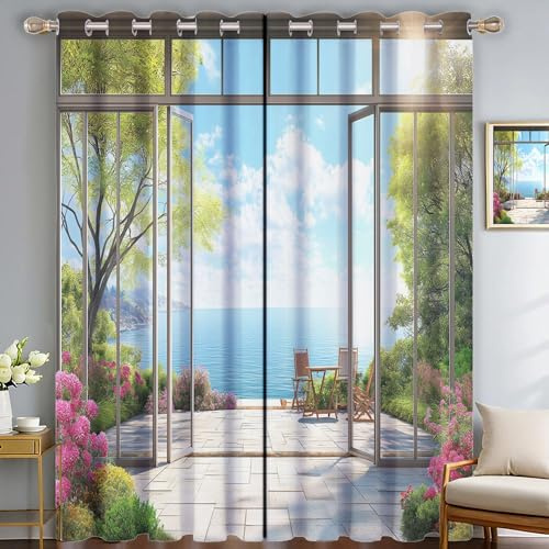 CDXNORA Vorhänge 3D-Landschaft - Blickdicht Verdunklungsvorhänge, 2Er Set Abdunkelnde Vorhänge Wohnzimmer Blickdichte Ösenvorhang H137 X B117 cm (2Er Pack) Sonnenschein Am Meer