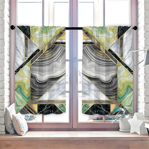 Highdi 2er Set Kurzgardinen Modern für Küche, 3D-Druck Küchengardinen Scheibengardinen mit Rod Tasche Fenstervorhang Kurz lichtfilternd Vorhänge für Kaffeehaus (Green Marble,90 * 60cm)