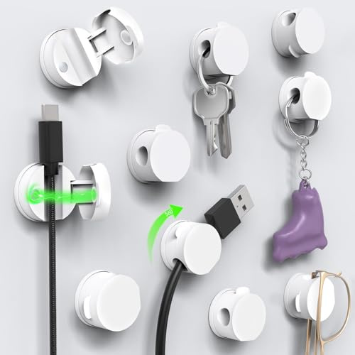 Sinoacc Magnetic Cable Clips Cord Organizer 10 Pack 360° Adhesive Phone Cord Holder for Desk, Nightstand, Car, Home, Office Cable Management Accessories-White