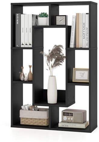 HOMASIS Bücherregal mit 7 Würfeln, Standregal aus Holz, Raumteiler Regal, offenes Würfelregal mit Kippschutz, Aufbewahrungsregal Eckregal für Wohnzimmer, Arbeitszimmer, Büro, 60 x 20 x 90 cm (Schwarz)