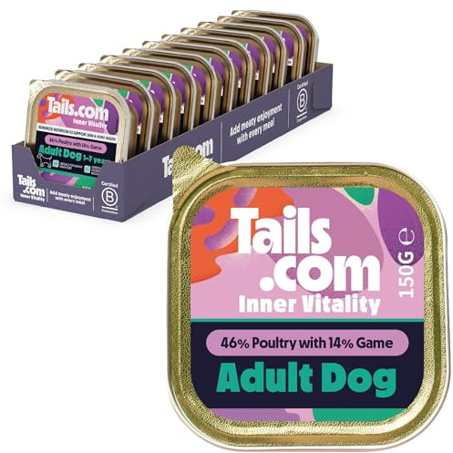 Tails.com • Wet Dog Food 11 x 150g • Poultry & Game • Adult 1-7 years • Hypoallergenic Recipe • Made with natural ingredients • Contains Omega 3 to Support Skin and Coat | Hypoallergenic wet dog food, 46% poultry & 14% game, natural ingredients, omega-3 for healthy skin and coat.