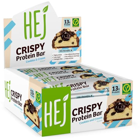 HEJ Crispy Protein Bar, Cookies & Cream, 12 x 45 g, Low Sugar Eiweißriegel | Proteinriegel, High Protein Snack, zuckerarm, vegetarisch, ohne Palmöl, ohne Zuckerzusatz & künstliche Aromen, knusprig