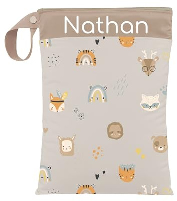 ARTEE Nasstasche für Kita-Wechselwäsche, Wasserdicht, Waschbar, mit Reißverschluss, Personalisierbar, mit Name, für Kindergarten, Strand, Sport (Baby Animals)