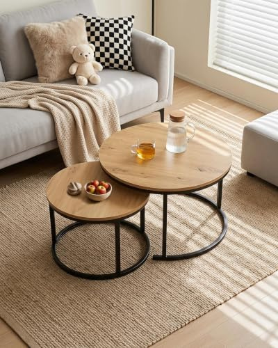 Amveya Couchtisch Rund Holz 2er Set, Beistelltische fürs Wohnzimmer, Coffee Table Living Room, Holz-Effekt Wohnzimmertisch Modern mit schwarzem Rahmen