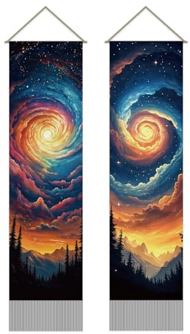 SUPERDANT 2 Stück Wandteppich Sternenhimmel Wirbel Wandbehang Set Mit Holzstangen Wandteppiche Mit Fransen Extra Langes Schmaler Wandschmuck Für Wohnzimmer Schlafzimmer Flur Balkon Home Decor 130x33cm
