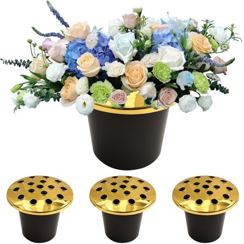 Grave Flower Pots with Lid Pack of 4 Grave Flower Holders in Graveside Strong Gold Plastic Pot Insert Liner Floral Holders Containers Memorial Vases for Cemetery Decorations (5.5 X 3.9 In)
