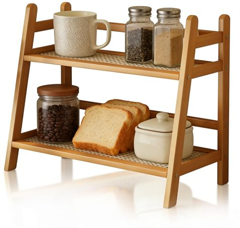 Euablfo Küchen Organizer 2 Tiers,Bambus Nachahmung,Rattanweberei Deko Küche Küchenregal,Schrank-Organizer Küche,Organisation Kaffeepads Aufbewahrung für tassenregal,Tee,Kaffee,Bar,GewürzTee