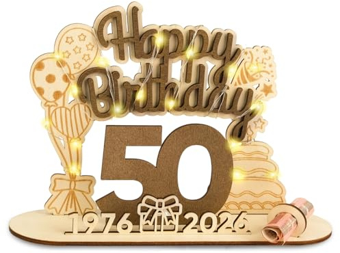 ARTREE Original 2026 cumpleaños 50 regalo mujer hombre 1976 – 2026, 50 regalos de dinero, cumpleaños, placa de madera, libro de visitas con cadena de luces LED, 50 cumpleaños para mujeres y hombres