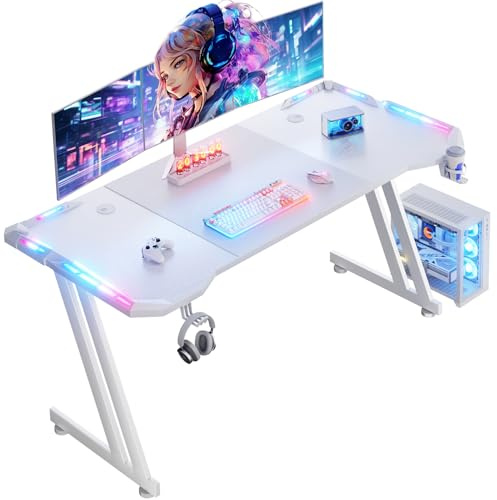HLONONE LED Scrivania Gaming Bianca, con Tappetini per Mouse, 160 x 60 cm