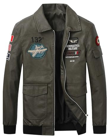 Generisch Giacca in pelle da uomo calda giacca invernale da pilota con distintivo aviatore, giacca softshell bomber stile militare, giacca da aviatore, giacca in pelle sintetica, O verde, L