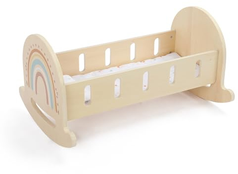 FReniland Wood Rocking Doll Crib for Dolls up to 18 Inches, Wooden Baby Doll Bed Dolls Cradle with Blanket & Pillow, Classic Pretend Play Toy for Kids Ages 3+