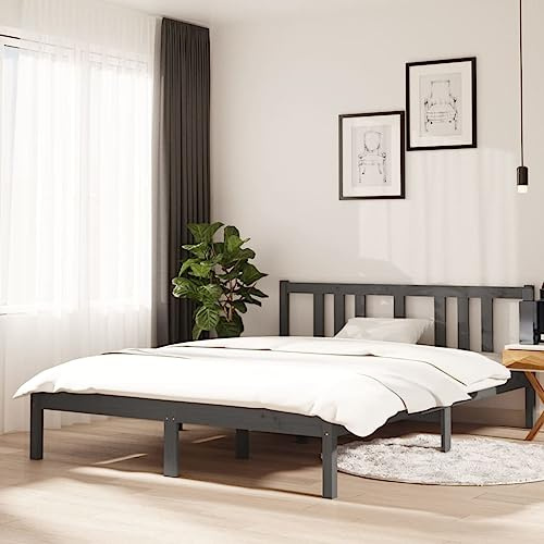 Bucmath Massivholzbett Grau 140x190 cm, Kiefernholz Bettrahmen mit Kopfteil, Schlafzimmer Möbel, stabile Lattenrost-Unterstützung, modernes Design für Erwachsene