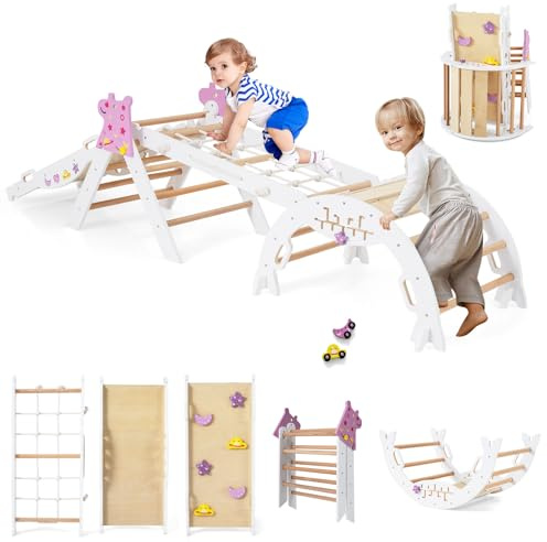 DREAMADE 9-in-1 Montessori Kletterdreieck Set, Kletterbogen aus Holz mit Netz für Kleinkinder ab 1 Jahre, Kletterspielzeug, Indoor Klettergerüst für Kinderzimmer (Weiß,Einhorn-4er Set)