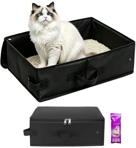Portable Travel Cat Litter Tray with Lid, Zipped Foldable Leakproof Cat Litter Tray with Cats Litter Bags, Waterproof Oxford Fabric Kitty Toilet for Car Outdoor Camping Travel - 40x30x14 cm (Black)