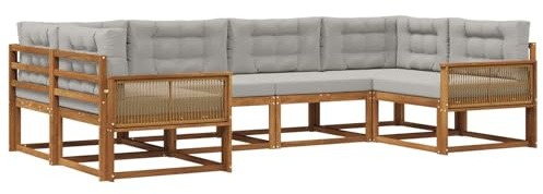 vidaXL Outdoor-Sofagarnitur mit Kissen 6 pcs Natürlich und Hellgrau, Akazienholz Lounge Set für draußen, modernes Gartenmöbel, wetterfest und stylisch für deinen Garten