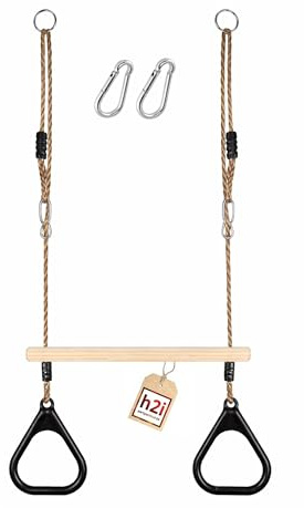 h2i Trapez Schaukel Holz – Trapezstange mit Turnringen & verstellbaren Seilen – inkl. Karabiner – Gymnastikringe schwarz